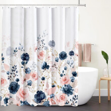 Rideau de douche à motif floral bleu marine et rose, fleurs dorées aquarelles, 180 x 180 cm, polyester imperméable, avec crochets