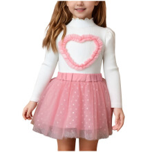 Valentine's Day Girls Tutu Dress Set, Long Sleeve Heart Applique Pink Polka Dot Tulle Skirt 2 Piece Outfit for Kids 9M-5Y,Size 12-18 M