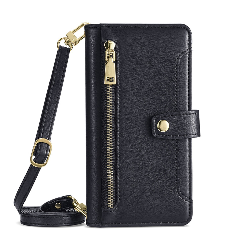 Crossbody Wallet Case For Samsung Galaxy A25 Â Zipper, 6-Card Holder, Wrist Strap, Leather Cover, Black 9044386837301