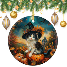 Kitten Witch Hat Ceramic Ornament Black White Vintage