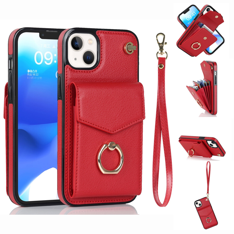 Iphone 13 Wallet Case Â Rfid Blocking, Shockproof, Magnetic Ring Holder, Kickstand, Detachable Wrist Strap, Red 9044386944405