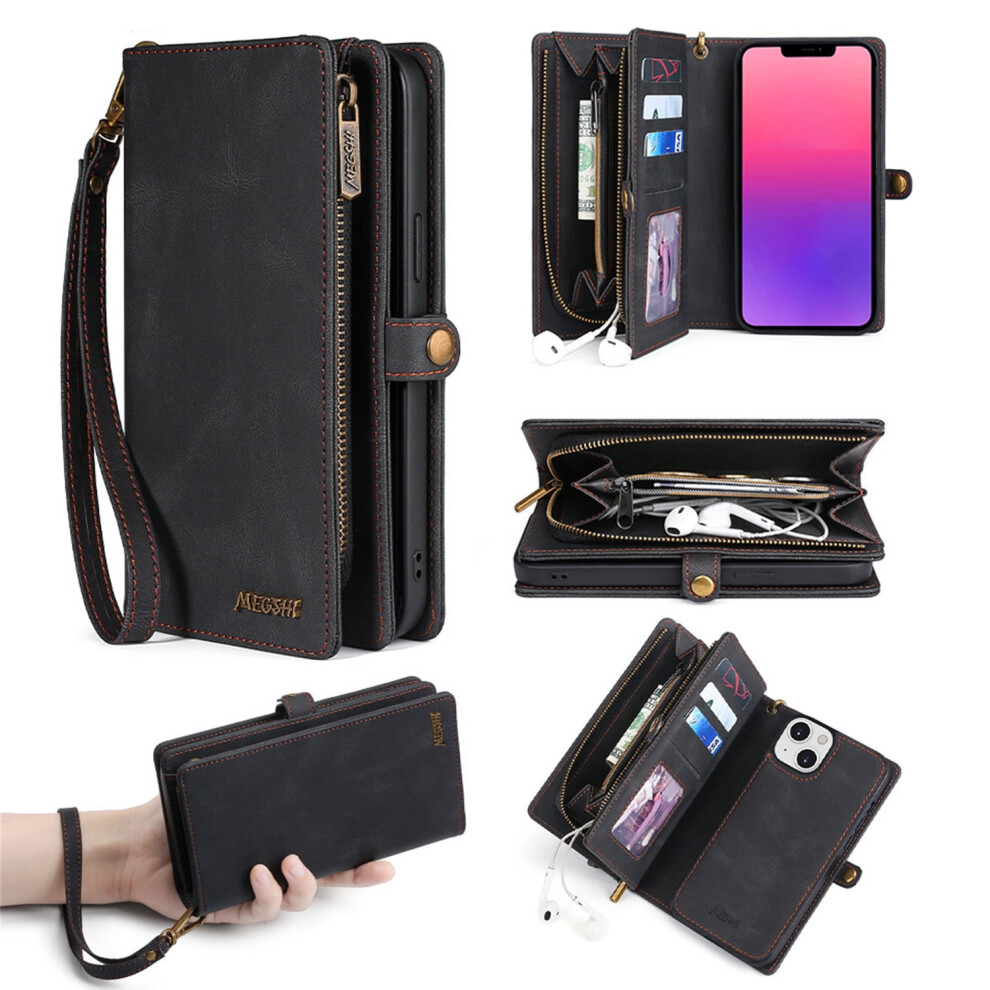 Wallet Case Compatible With Iphone 14 (6.1"), Magnetic Pu Leather Flip Folio With Stand, Zipper Purse & Hand Strap Â Black 9044386838209