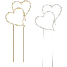 2pcs Heart Rhinestone Cake Topper, Gold/Silver Double Heart Alloy Decor for Wedding, Anniversary, Valentine's Day – Compatible with DIY
