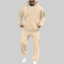 SYMOID Men's Plus Size Jogger Set - 100% Polyester Quick Dry, Zip-Up Hoodie & Pants, Beige Size 2XL, Affordable for Loungewear & Light Workouts