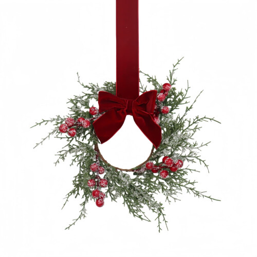 Mini Christmas Wreath Set Snow-Flocked Red Berry Bow 4 pcs 1