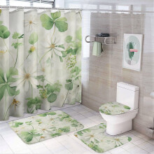 Green Lucky Shamrock Shower Curtain Set (4 pcs) + Rugs, Waterproof, Personality Pattern, Compatible with Standard Shower Rods