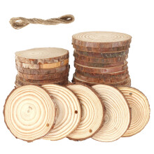 30pcs Natural Wood Slices, Unfinished, Predrilled with Rope – DIY Craft, Wedding & Christmas Decor
