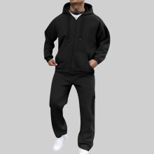 SYMOID Big & Tall Men's Tracksuit Set Size 3XL Black, Breathable Polyester Zip-Up Hoodie & Pants, Loose Fit for Casual/Loungewear