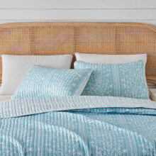 Floral Striped Microfiber Reversible Quilt Set With Shams (Twin, Linear Floral Blue)