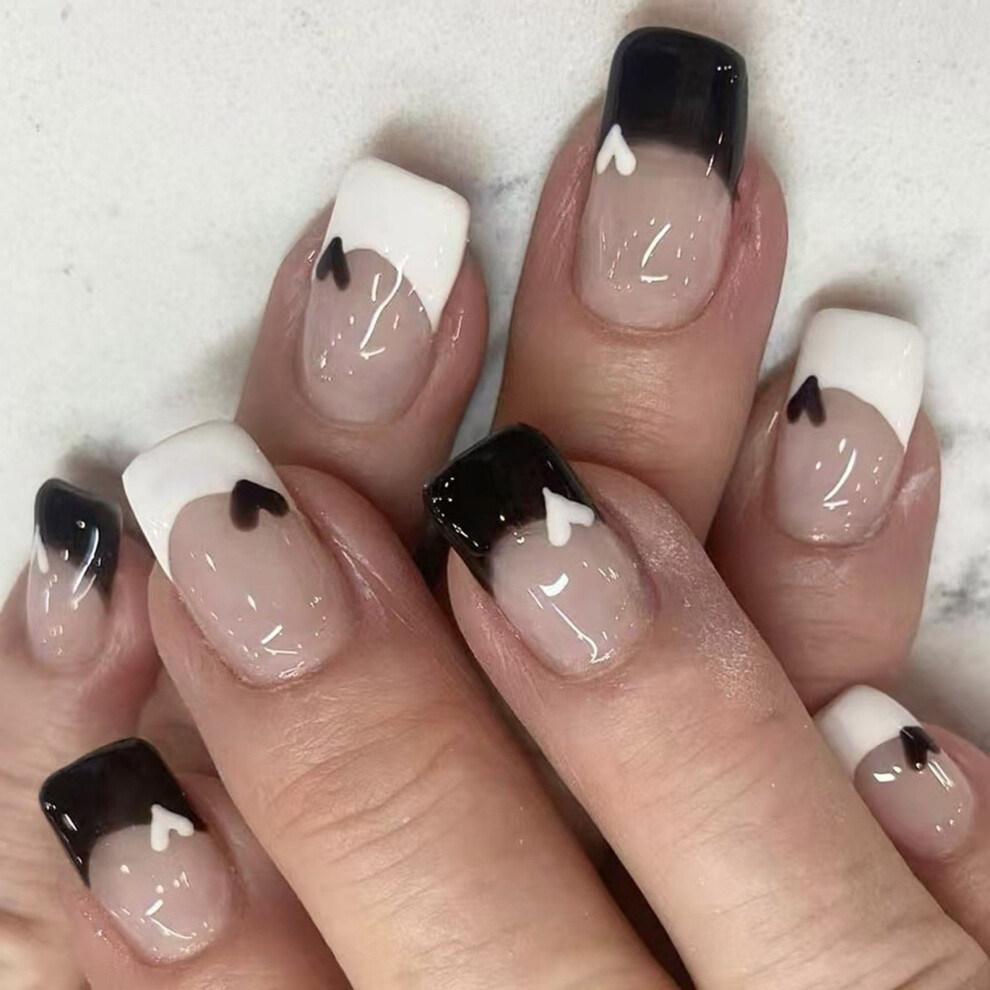 24 Pcs Valentines Day on Nails Heart Full Covers False Nails French Tip Manicures Supplies