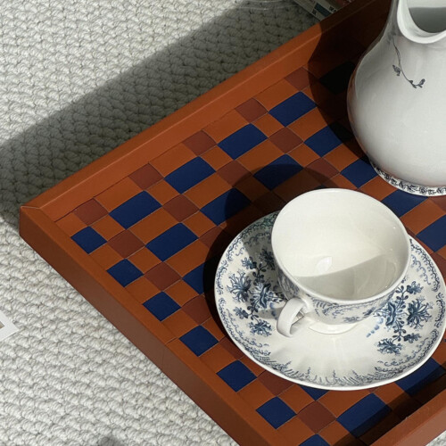 Artisanal Checker Weave Leather Tray Modern Storage Solution For Countertop Coffee Table Display 1