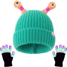 Bonnet d'hiver assorti parent-enfant avec petits monstres lumineux et gants assortis