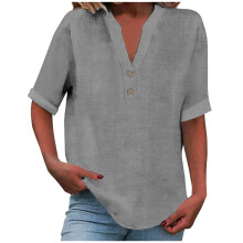 Chemises bohèmes à manches courtes en lin et coton pour femmes, hauts décontractés en gaze, t-shirts unis pour l'été, gris, taille 3XL,