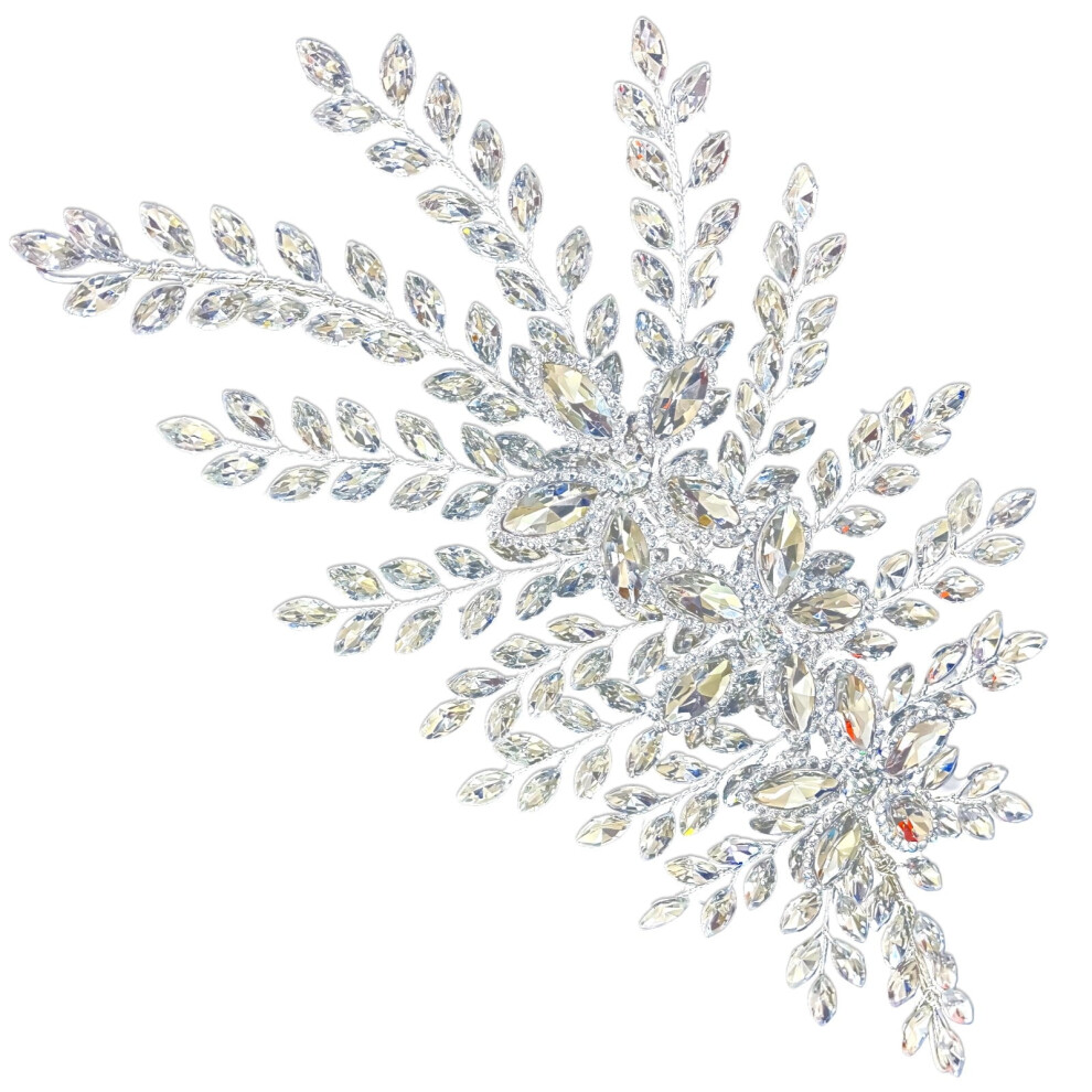 Handmade Crystal Bridal Headband, Silver Floral Leaf Design with Ribbon, Adjustable Metal Band â Compatible with Weddings, Photos & Parties