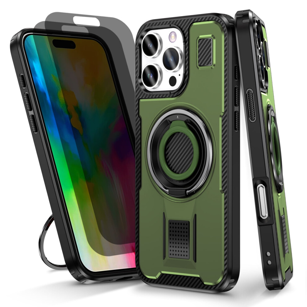 Iphone 16 Pro Case With 2-Pack Privacy Screen Protectors, Shockproof Anti-Fingerprint Rugged Cover, 360 Rotatable Ring Stand, Green 974856498086