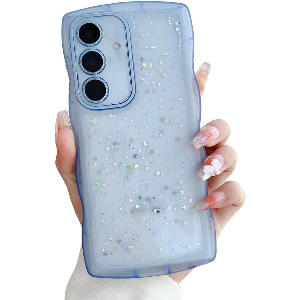 Compatible With Galaxy A34 5G: Glitter Bling Silicone Case For Women & Girls – Shockproof, Curly Wave Frame, Camera Lens Protector (Blue) Blue 9170372365487