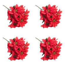 Lot de 4 poinsettias artificiels de Noël, fleurs en soie rouges à 6 têtes, bouquet floral hivernal pour décorations et arrangements festifs de