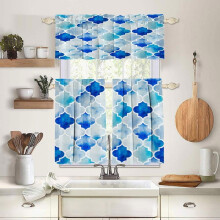 Blue Morocco 3-Pc Kitchen Curtains & Valances Set, Semi-Sheer Tier Curtains for Small/Bathroom Windows