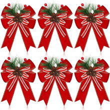 6pcs Christmas Velvet Bows with Pine Cones & Needles, Red Ribbon – Tree, Party, Indoor/Outdoor DIY Decor – Compatible with Christmas Trees