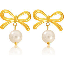 Trendy Bow Pearl Drop Earrings for Women – Cute Bowknot Studs, Wedding/Party/Daily Wear, Gift & Stocking Stuffer