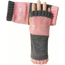Cat Embroidery Splicing Knitted Gloves for Women, Comfortable & Stylish Fingerless Gloves, Cute Embroidered Cat Design, Perfect for Daily Wear