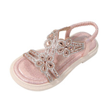 Sandali estivi da bambina con strass e cinturino elastico alla caviglia, stile casual bohémien, perfetti per la spiaggia e per il comfort di tutti i