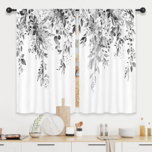 Black Eucalyptus Leaves Kitchen Curtains, Short Botanical Floral Rod Pocket Panels (27.5"x39"), Rustic Farm Style