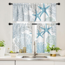 3Pcs Blue Coastal Starfish Seashell Kitchen Curtains & Valance, 36" Tier for Kitchen, Living Room, Bedroom, Bathroom – Compatible with Standard Rods