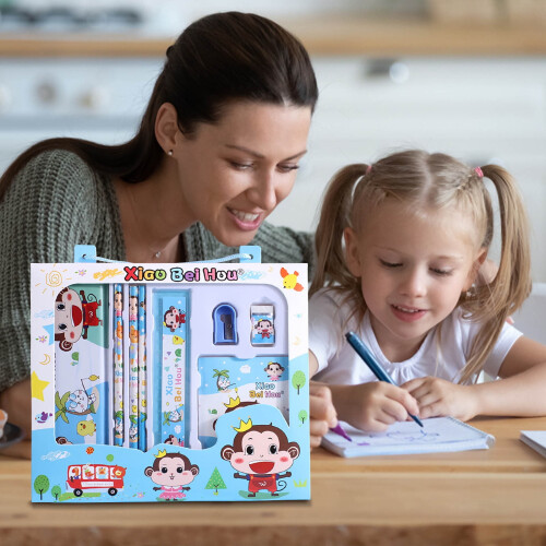 Complete Stationery Set - Includes Pencil Case, Pencils, Ruler, Sharpener, Eraser, and Notebook - Cute and Durable Design for Learning 1