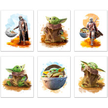A Set of 6 Baby Yoda Cartoon Paintings Posters for Kids Bedroom Wall Decorations,Unframed.