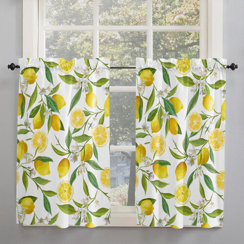 Lemon Slice and Leaves Kitchen Curtains 2 Panels 63 Inch
