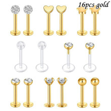 16G Läppstift Rostfritt Stål CZ Labret Läpppiercing Tragus Helix Örhängen Stift - 16 St - Guld