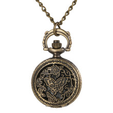 Reloj de bolsillo analógico de cuarzo vintage para mujer con mariposa hueca decorada: reloj con cadena para suéter y números arábigos - Para
