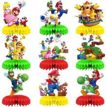 9 db-os Mario témájú 3D-s kétoldalas méhsejt asztaldíszek, rajzfilm születésnapi parti dekorációs kellékek.