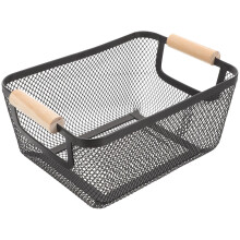 Black Metal Wire Basket Small Storage with Wooden Handle for Shelf Organization