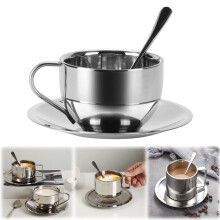 Stainless Steel Insulated Coffee Cups Set (180-280ml) with Spoon & Saucer – Double-Walled for Latte, Tea, Cappuccino