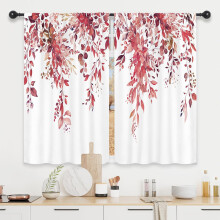 Burgundy Red Eucalyptus Leaf Kitchen Curtains, 2 Panels, 27.5"x39", Rod Pocket, Rustic Botanical Design