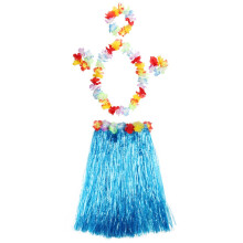 5Pcs Hawaiian Fancy Dress Hula Costume Grass Skirt Flower Garland Bra Aloha Set Blue