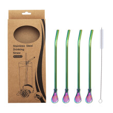 Stainless Steel Straw Spoon Set - 4 Reusable Drinking Spoon Straws with Cleaner Brush - Perfect for Milk Tea, Juices, and Coffee
