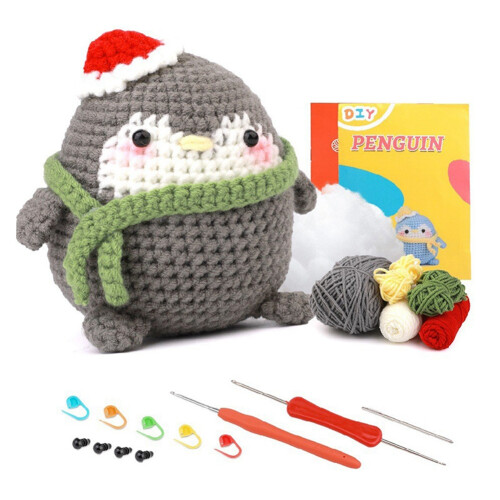 Complete Penguin Doll Crochet Set for Beginners – Step-by-Step Video, DIY Craft Kit, Grey