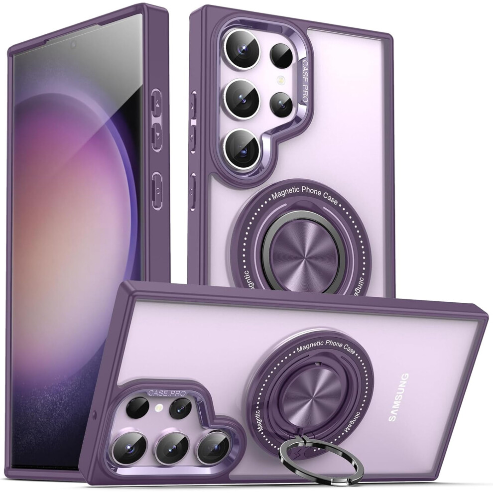 Clear Phone Case With Ring Holder & Magnetic Wireless Charging, Shockproof Slim Kickstand Cover For Samsung S24 Ultra () Pink/Purple 9405492459793