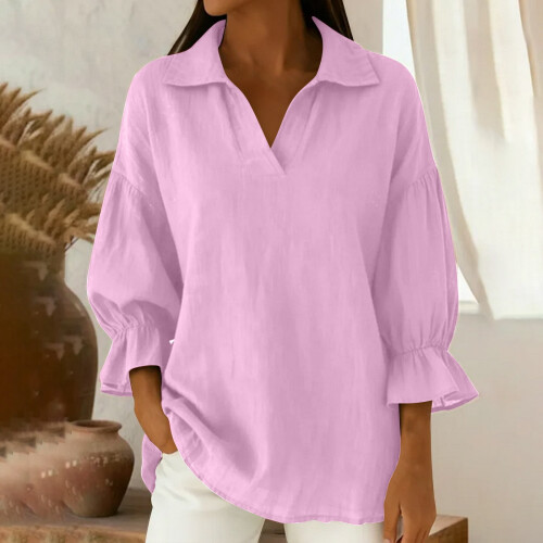 Women's V-Neck Blouse Three-Quarter Sleeve Solid Color