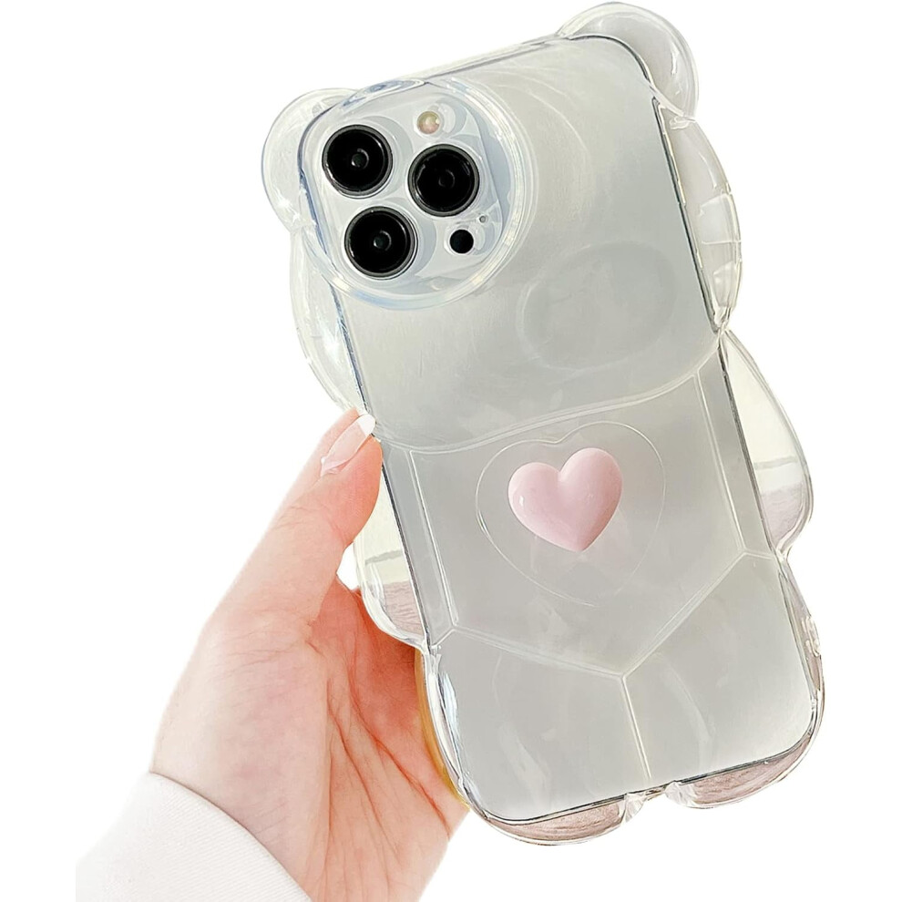 Cute Cartoon Bear Clear Case For Iphone 14 Pro Max Â Kawaii Girly 3D Heart Design, Soft Tpu Shockproof Cover 9405492457713