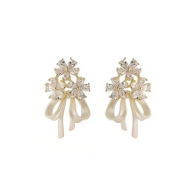 Flower Bow Ribbon Earrings, Light Luxury White Tassel Earrings with Rhinestones – Minimalist Fashion Jewelry