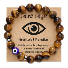 Best-Selling Evil Eye Bracelet - Blue Glass Eye with Matte Tiger Eye and Agate Beaded Stretch Bracelet