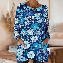 Women's Printed Long Sleeve Round Neck Top with Pockets