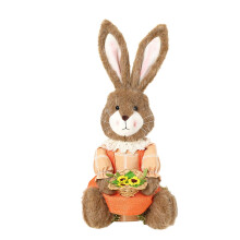 Sitting Bunny Easter Decoration – Artificial Straw Rabbit with Carrot, 17.9in, Orange, for Garden Party & Home Decor