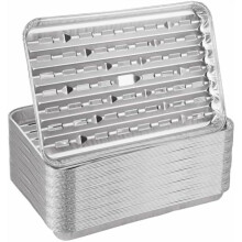 Verpakking van 50 aluminium grillpannen van 23 x 33 cm met gaten, wegwerpbare barbecuevoeringen en lekbakken.
