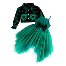 Set de 2 piese pentru copii și fete, jachetă de catifea și rochie tutu, verde smarald, mărimea 3-4T