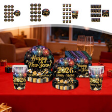 Black Gold & Colorful NYE Disposable Tableware Set – 7" & 9" Plates, Cups, Tissues, Firework Design for 2026 Parties